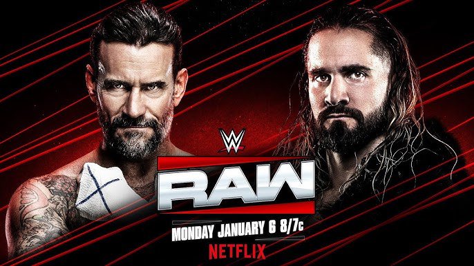 A WWE Raw graphic featuring Seth Rollins and CM Punk, the husband of AJ Lee.