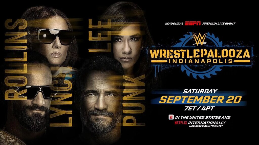 A graphic for WWE Wrestlepalooza results, happening on September 20, 2025 in Indianapolis, Indiana, marking WWE's debut on ESPN.