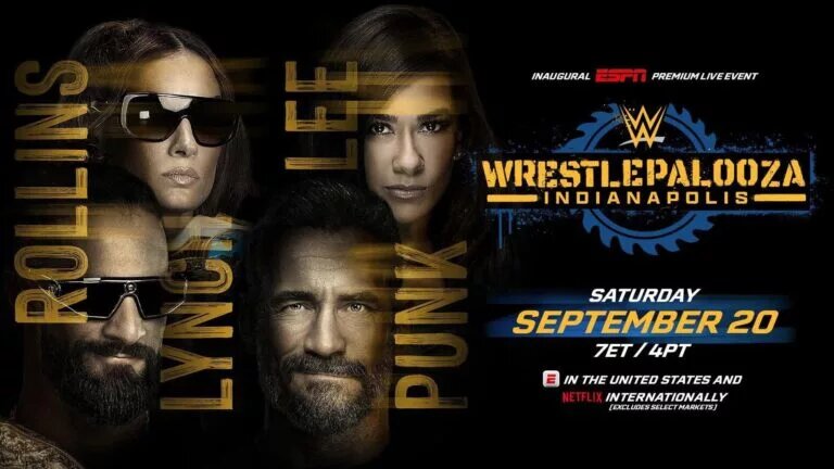A graphic for WWE Wrestlepalooza results, happening on September 20, 2025 in Indianapolis, Indiana, marking WWE's debut on ESPN.