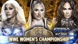 A graphic for the WWE SmackDown main event between WWE Women's Champion, Tiffany Stratton, Nia Jax, and Jade Cargill, which was tainted in controversy.