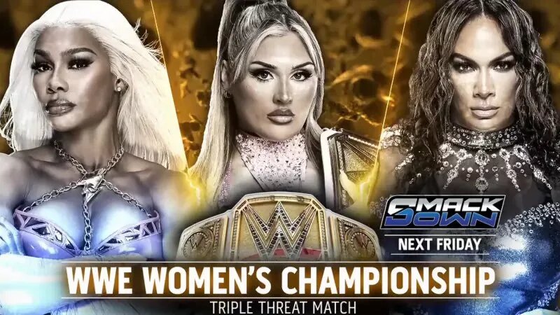 A graphic for the WWE SmackDown main event between WWE Women's Champion, Tiffany Stratton, Nia Jax, and Jade Cargill, which was tainted in controversy.