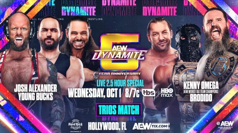 A graphic for the sixth anniversary AEW Dynamite preview show for October 1, 2025.