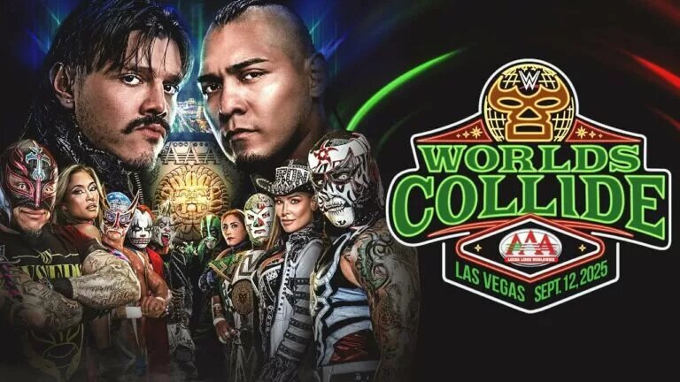 A graphic for WWE Worlds Collide, a joint presentation of WWE NXT and Lucha Libre AAA Worldwide.
