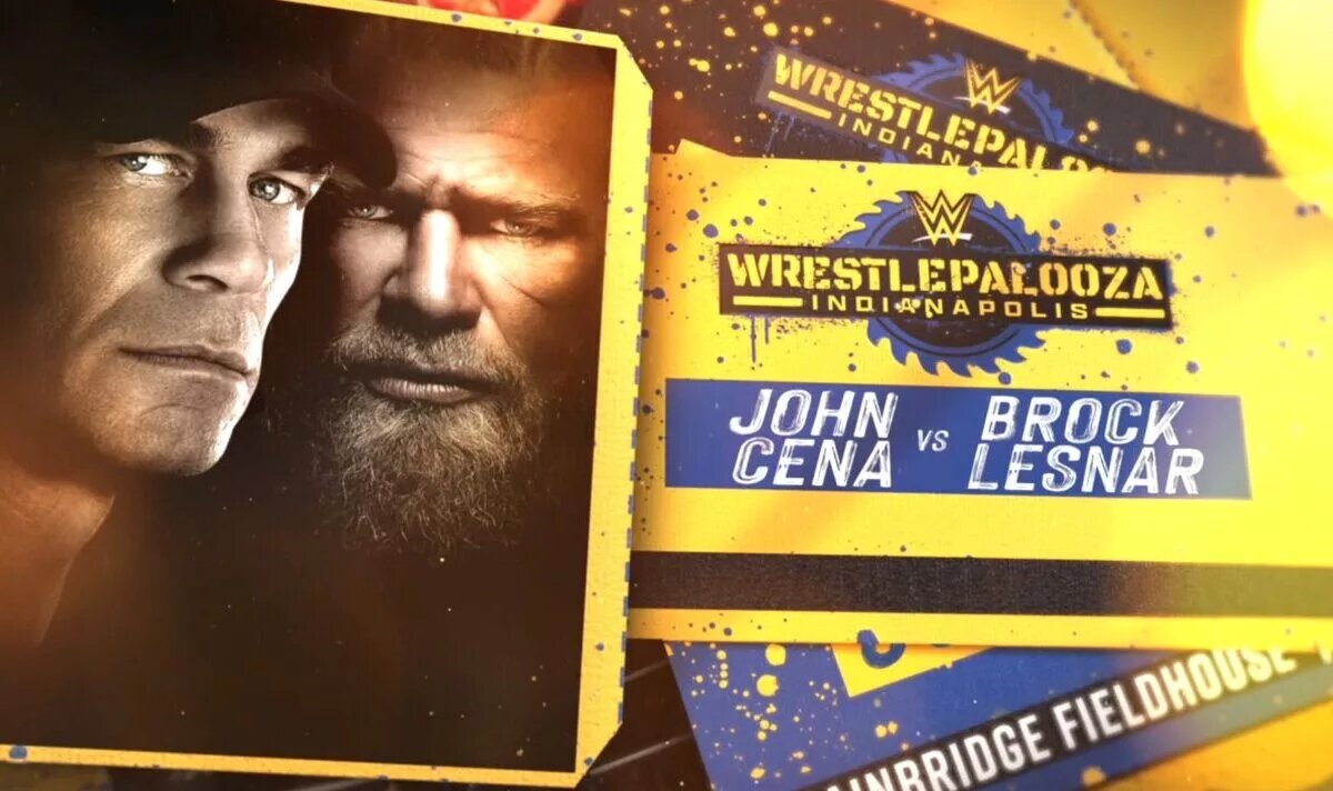 A graphic for WWE Wrestlepalooza results, featuring John Cena and Brock Lesnar and their match that was made official on WWE SmackDown.