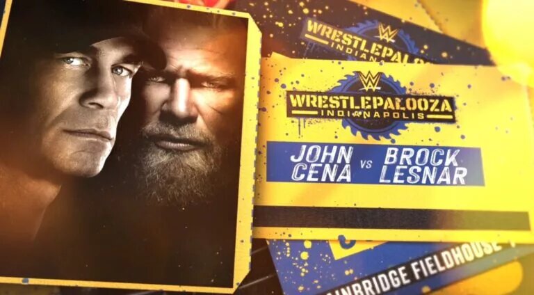 A graphic for WWE Wrestlepalooza results, featuring John Cena and Brock Lesnar and their match that was made official on WWE SmackDown.