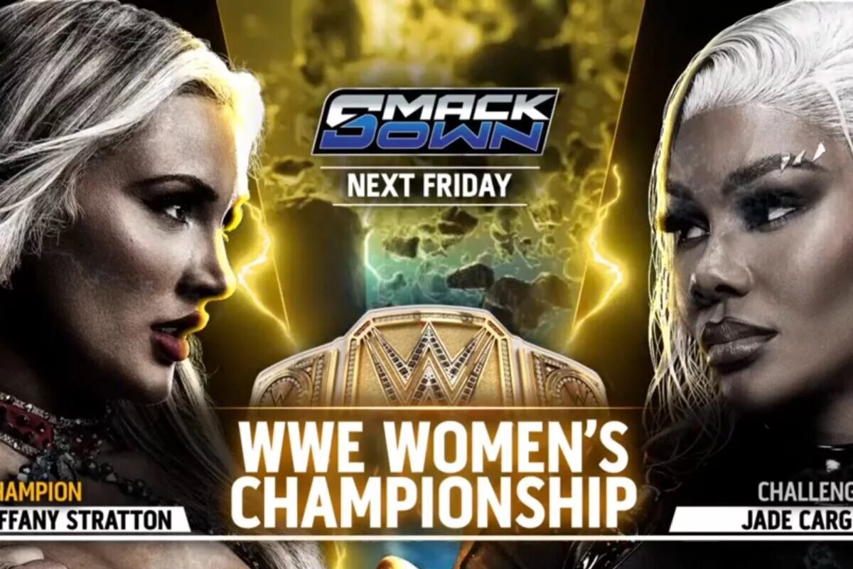A graphic for the WWE SmackDown preview for September 12, 2025, one week from WrestlePalooza, featuring Tiffany Stratton, Jade Cargill, and Nia Jax.