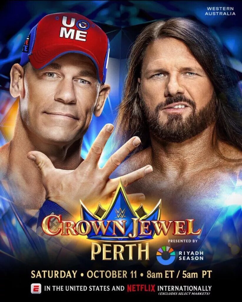A graphic for WWE Crown Jewel Perth, happening on October 11th, 2025, featuring John Cena and AJ Styles.