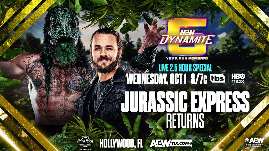 A graphic for the sixth anniversary AEW Dynamite preview show for October 1, 2025.