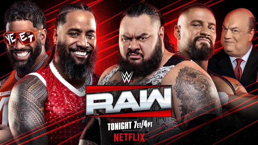 A graphic for WWE Raw, featuring The Usos, who was saved by Roman Reigns.