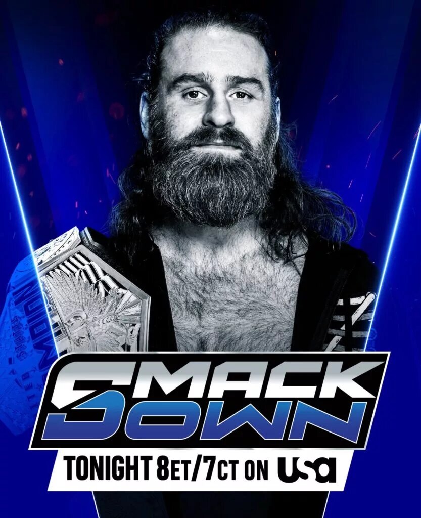 A WWE SmackDown logo, which featured Sami Zayn and Rey Fenix on the Show.
