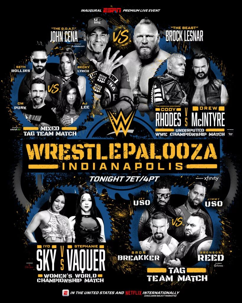 A graphic for WWE Wrestlepalooza, happening on September 20, 2025 in Indianapolis, Indiana, marking WWE's debut on ESPN, featuring IYO SKY and Stephanie Vaquer.