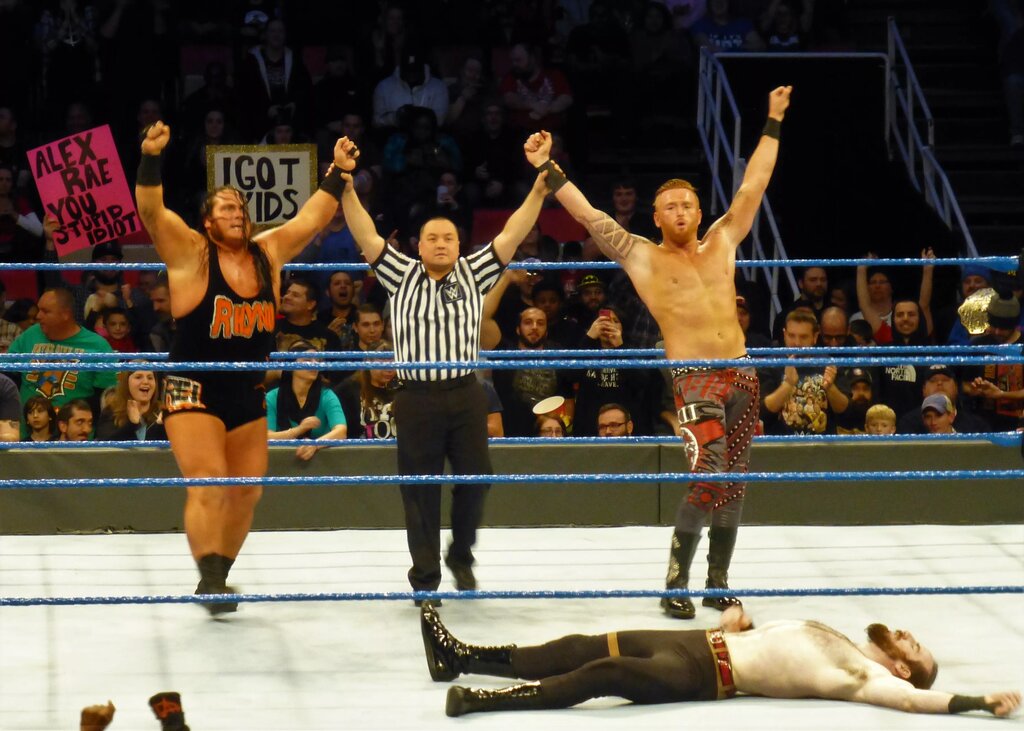 A photo of former WWE SmackDown Tag Team Champions in September, Rhyno and Heath Slater.