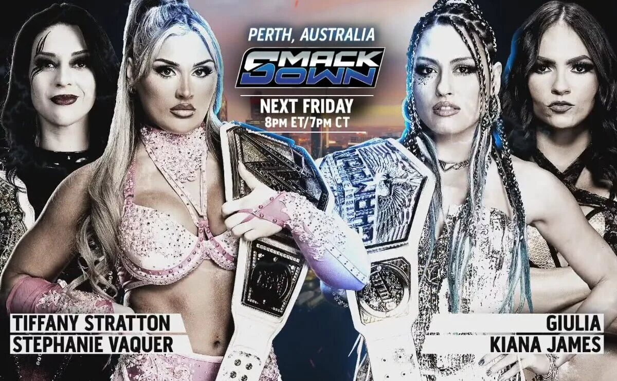 A graphic for WWE SmackDown spoilers and results from Perth, Australia, happening on October 10, 2025.