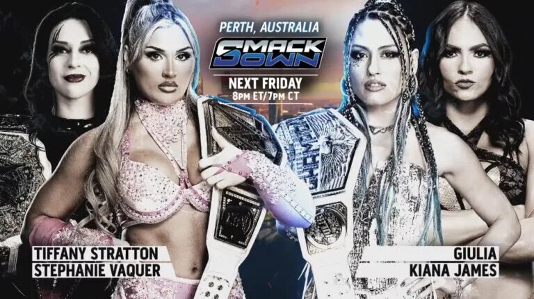 A graphic for WWE SmackDown spoilers and results from Perth, Australia, happening on October 10, 2025.