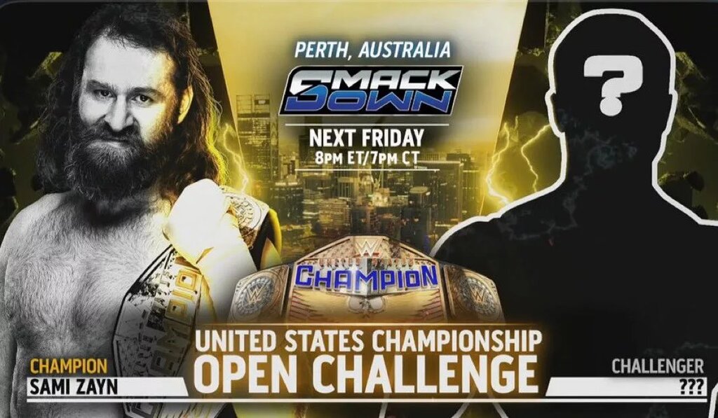 A graphic of WWE SmackDown featuring Sami Zayn and Shinsuke Nakamura, which was interrupted by Tama Tonga.
