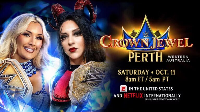 A graphic for WWE Crown Jewel Perth happening on October 11, 2025, featuring Stephanie Vaquer and Tiffany Stratton for the WWE Women's Crown Jewel Championship.