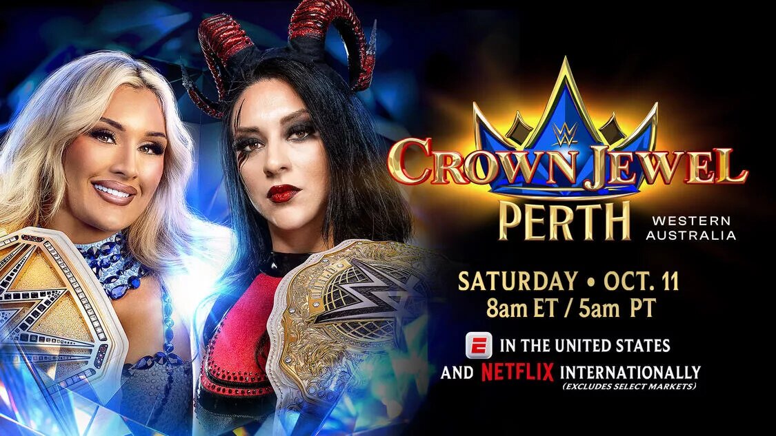 A graphic for WWE Crown Jewel Perth happening on October 11, 2025, featuring Stephanie Vaquer and Tiffany Stratton for the WWE Women's Crown Jewel Championship.