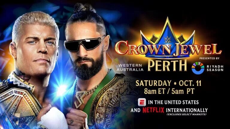 A graphic for WWE Crown Jewel Perth happening on October 11, 2025, featuring Cody Rhodes and Seth Rollins for the WWE Crown Jewel Championship.