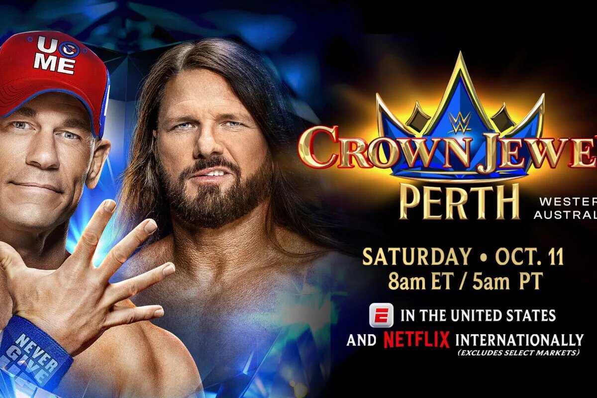 A graphic for the WWE Crown Jewel Perth results live, happening on October 11, 2025.