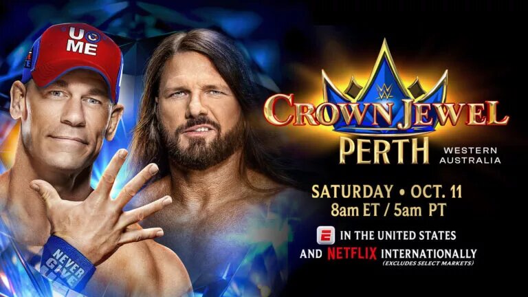 A graphic for the WWE Crown Jewel Perth results live, happening on October 11, 2025.