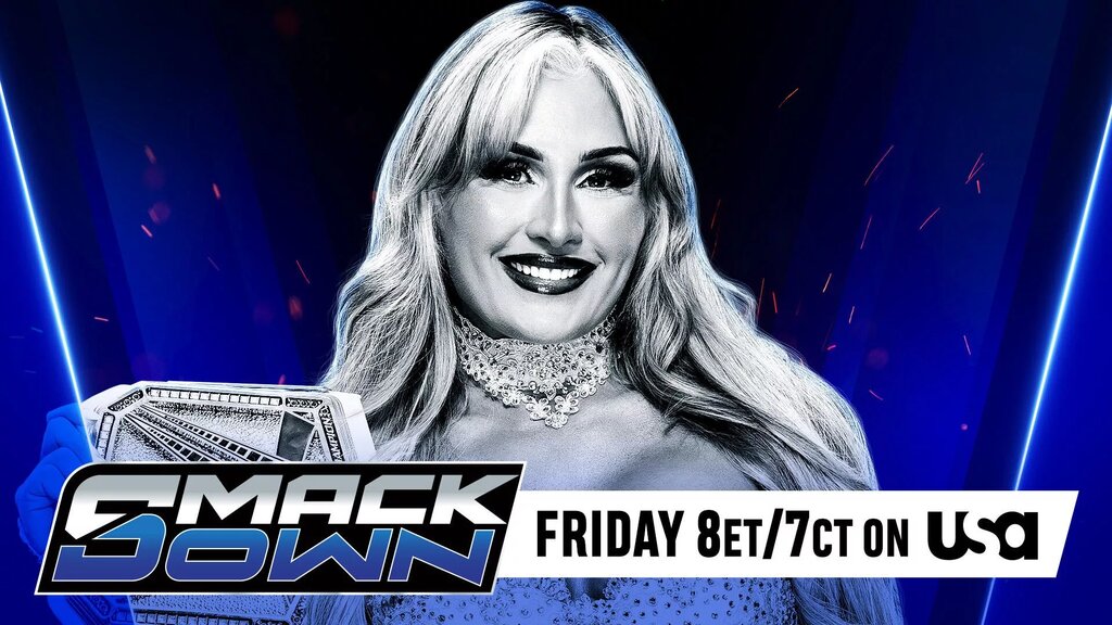 A WWE SmackDown graphic featuring Tiffany Stratton when she was WWE Women's Champion.