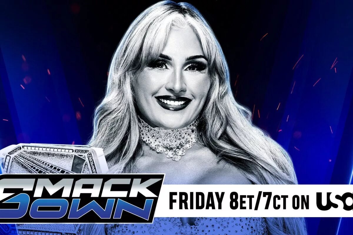 A WWE SmackDown graphic featuring Tiffany Stratton when she was WWE Women's Champion.