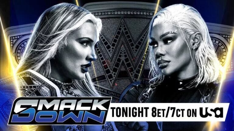A WWE SmackDown graphic featuring Jade Cargill and Tiffany Stratton.