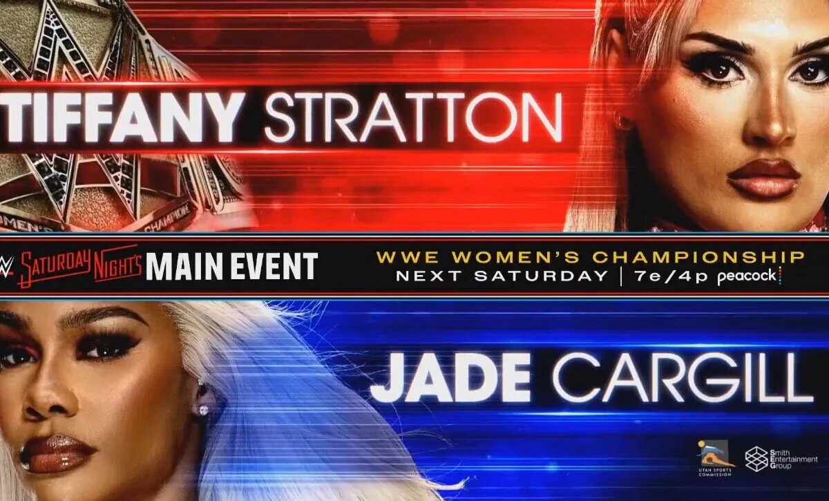 A graphic of WWE stars Tiffany Stratton and Jade Cargill