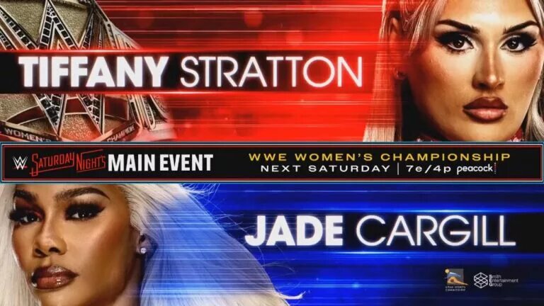 A graphic of WWE stars Tiffany Stratton and Jade Cargill