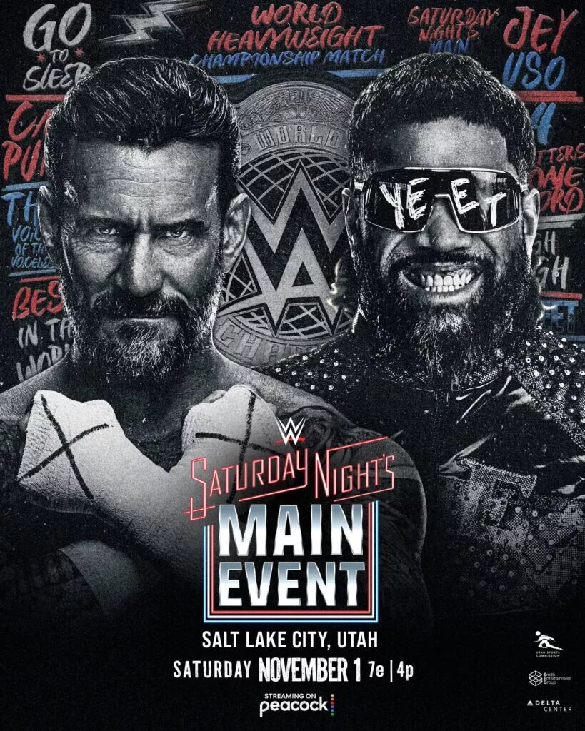 A graphic for the WWE Saturday Night's Main Event (SNME) XLI, which happened on November 1, 2025, featuring CM Punk and Jey Uso.