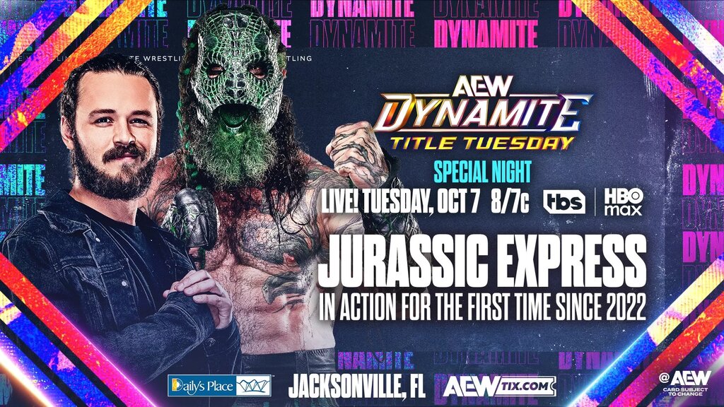 A graphic for AEW Dynamite Title Tuesday preview for October 7, 2025.