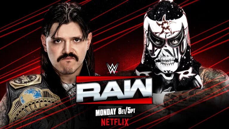 A graphic for the WWE Raw featuring Penta and former Intercontinental Champion Dominik Mysterio.