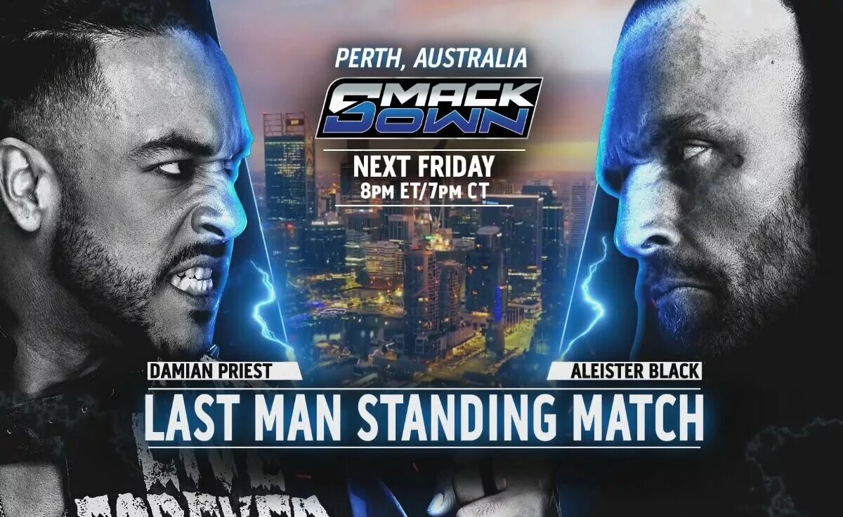 A graphic featuring WWE SmackDown stars Aleister Black and Damian Priest.