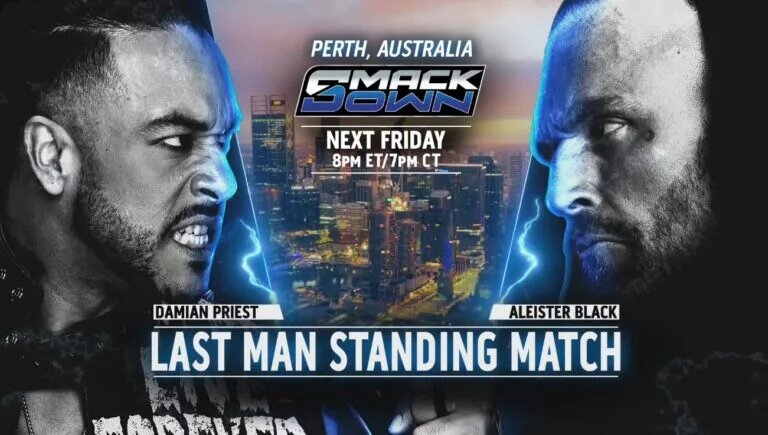 A graphic featuring WWE SmackDown stars Aleister Black and Damian Priest.