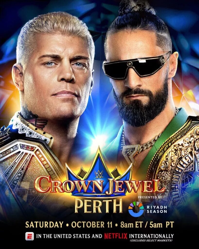 A graphic for WWE Crown Jewel Perth happening on October 11, 2025, featuring Cody Rhodes and Seth Rollins for the WWE Crown Jewel Championship.