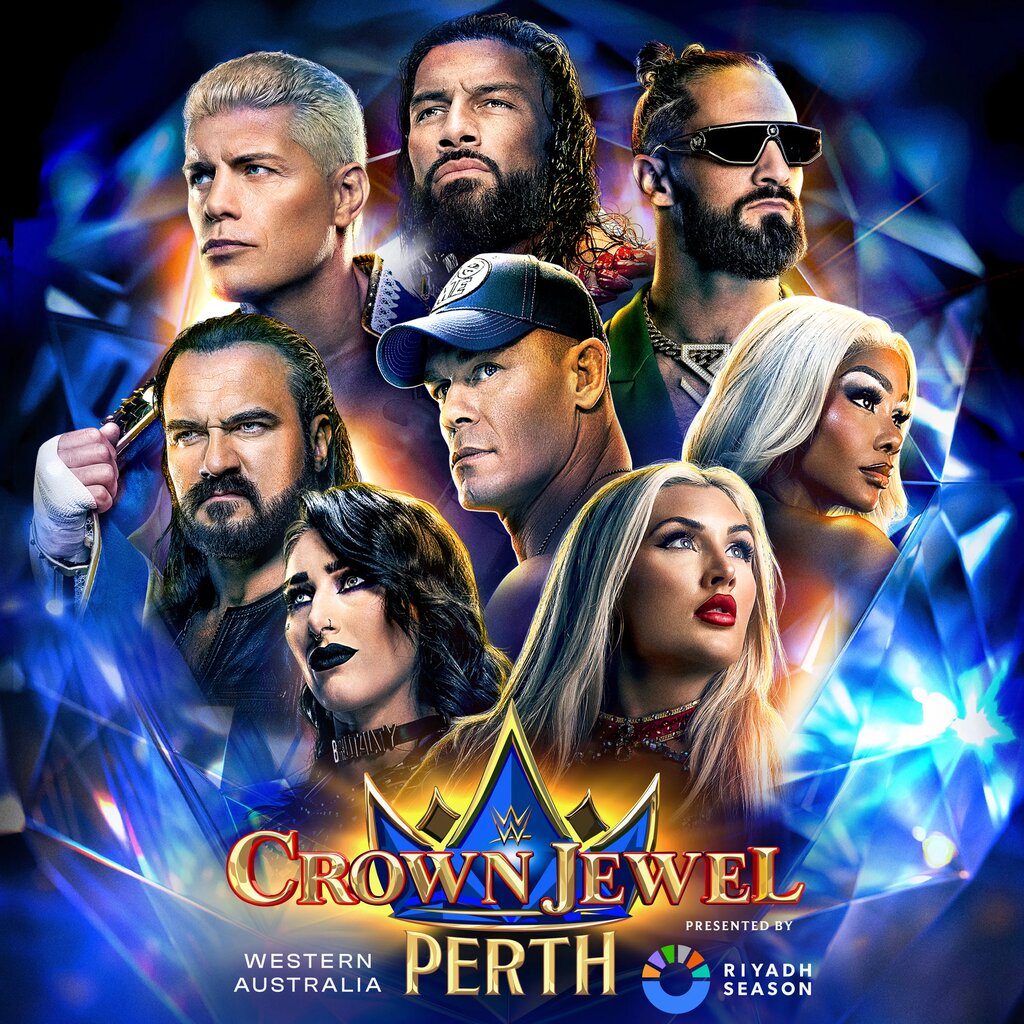 A graphic for the WWE Crown Jewel Perth results live, happening on October 11, 2025.