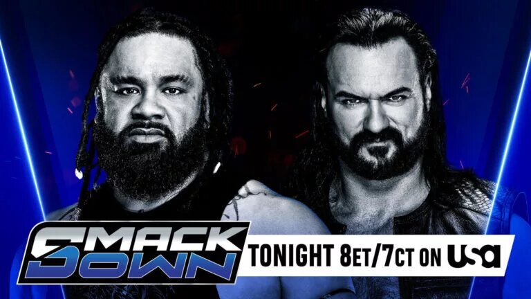 A graphic for WWE SmackDown, featuring a number one contender's match between Jacob Fatu and Drew McIntyre.