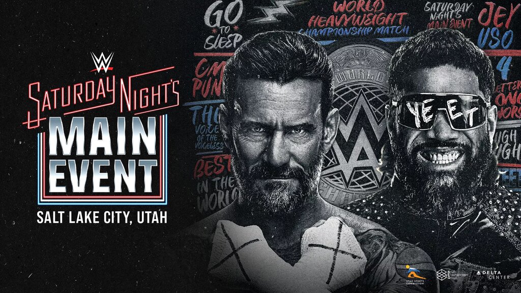 A graphic for the WWE Saturday Night's Main Event (SNME) XLI, which happened on November 1, 2025, featuring CM Punk and Jey Uso.