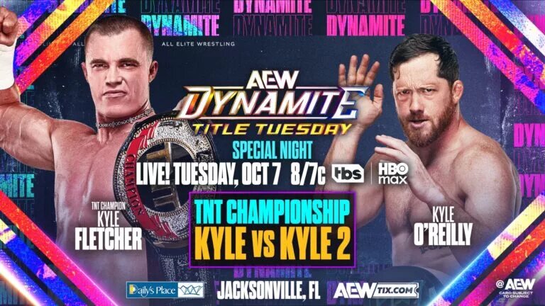 A graphic for AEW Dynamite Title Tuesday preview for October 7, 2025.