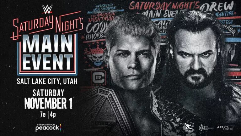 A graphic for WWE Saturday Night's Main Event (SNME) XLI, featuring Cody Rhodes and Drew McIntyre.
