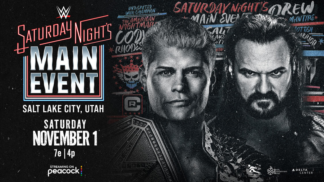 A graphic for WWE Saturday Night's Main Event (SNME) XLI, featuring Cody Rhodes and Drew McIntyre.