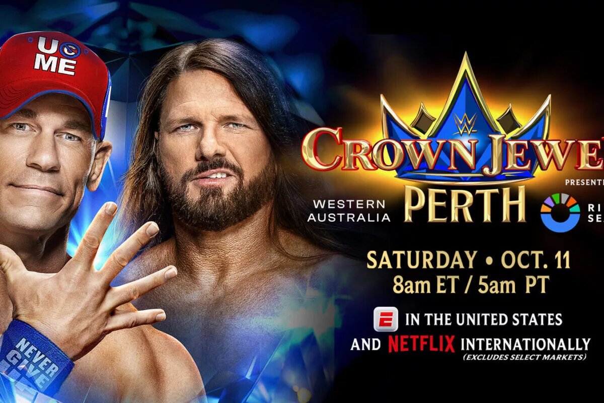 A graphic for the WWE Crown Jewel Perth preview and match card, happening on October 11, 2025, in Perth, Australia.