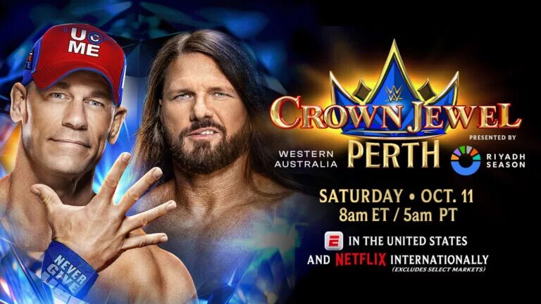 A graphic for the WWE Crown Jewel Perth preview and match card, happening on October 11, 2025, in Perth, Australia.