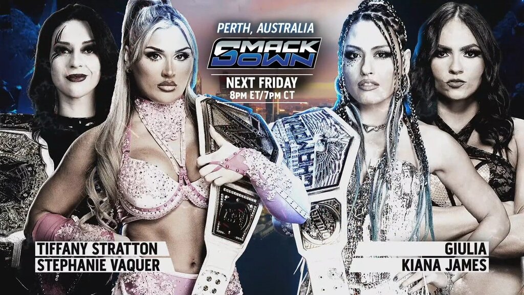 A graphic for the WWE SmackDown preview in Perth, happening on October 10, 2025, the night before WWE Crown Jewel Perth.