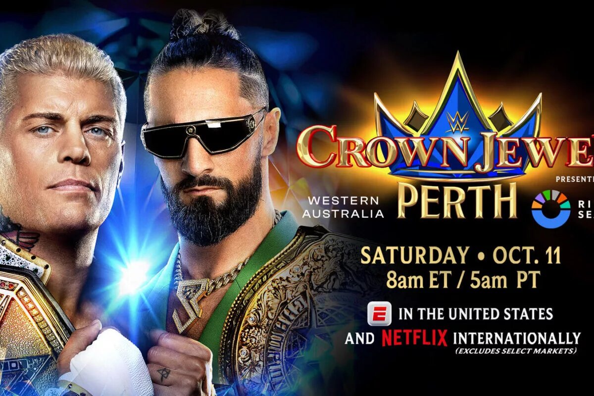 A graphic for the WWE Crown Jewel Perth preview and match card, happening on October 11, 2025, in Perth, Australia.