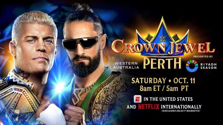 A graphic for the WWE Crown Jewel Perth preview and match card, happening on October 11, 2025, in Perth, Australia.