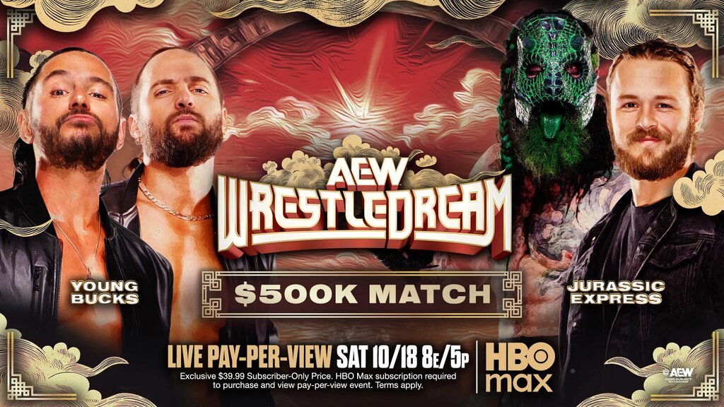AEW WrestleDream Graphic of the Young Bucks vs. Jurassic Express