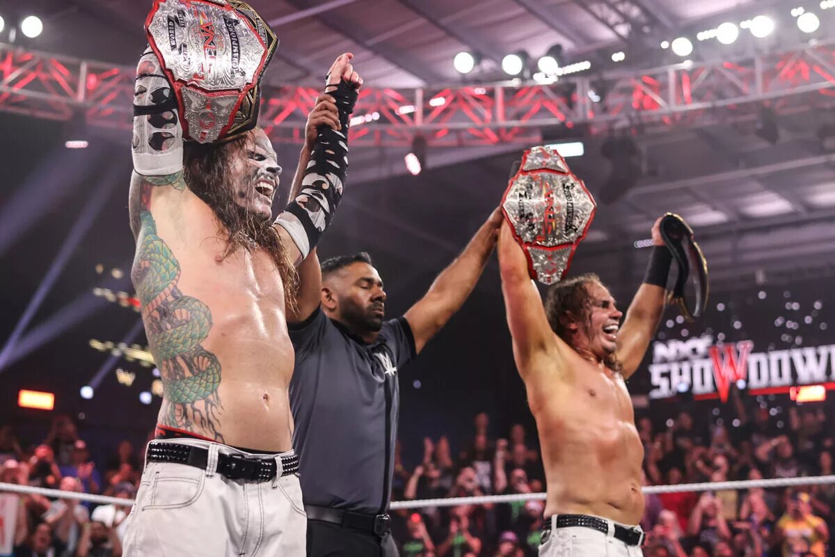 image of The Hardy Boyz at WWE NXT Showdown winning the TNA and NXT Tag Team Championships