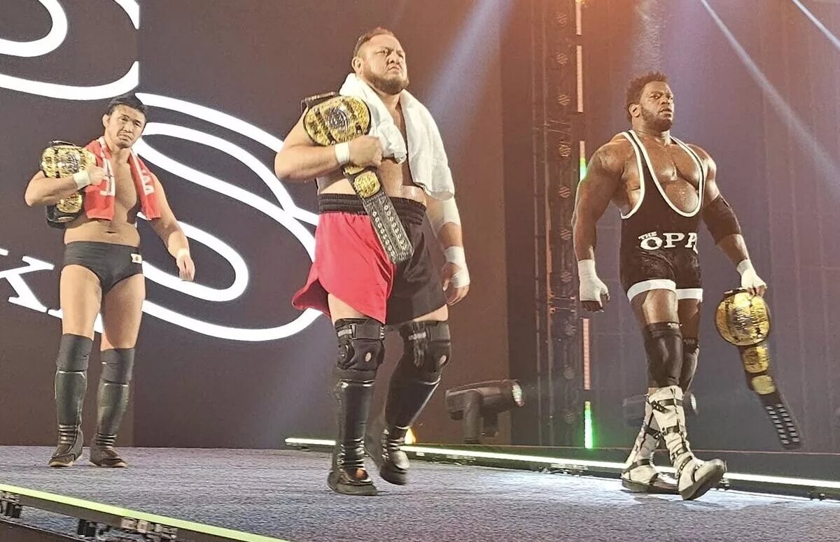 A graphic of AEW talent, The Opps.