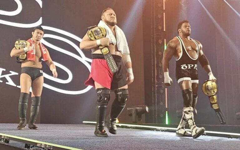 A graphic of AEW talent, The Opps.